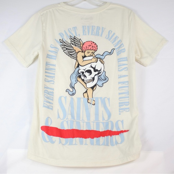 RGSTR Cream Saints & Sinners Short Sleeve Graphic T-Shirt Mens Size S - Picture 2 of 6
